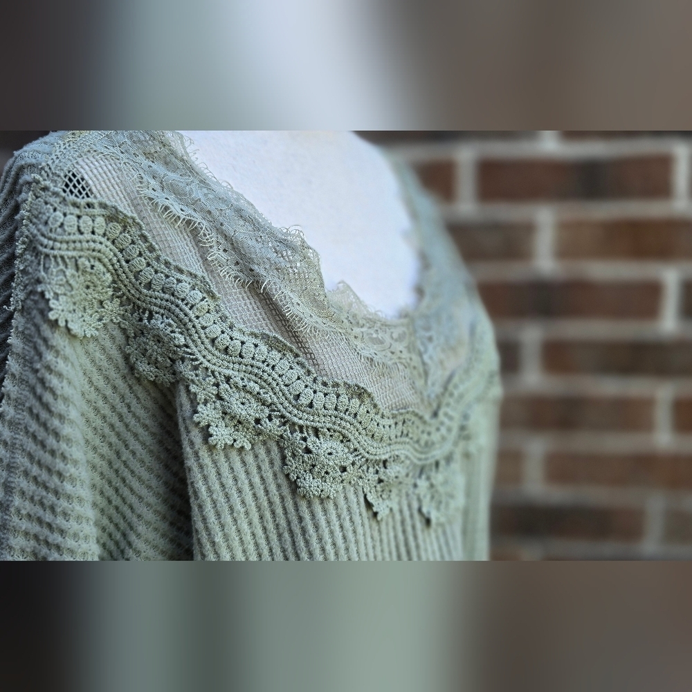 Daytrip Slouchy Sage Green Lace Trim Sweater - Picture 3 of 10
